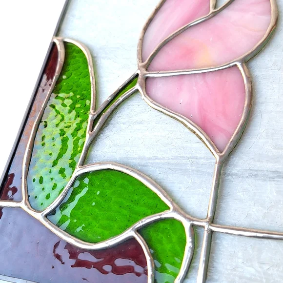 Vintage Stained Glass Window SunCatcher Flower Leaf Colorful Art Deco Abstract